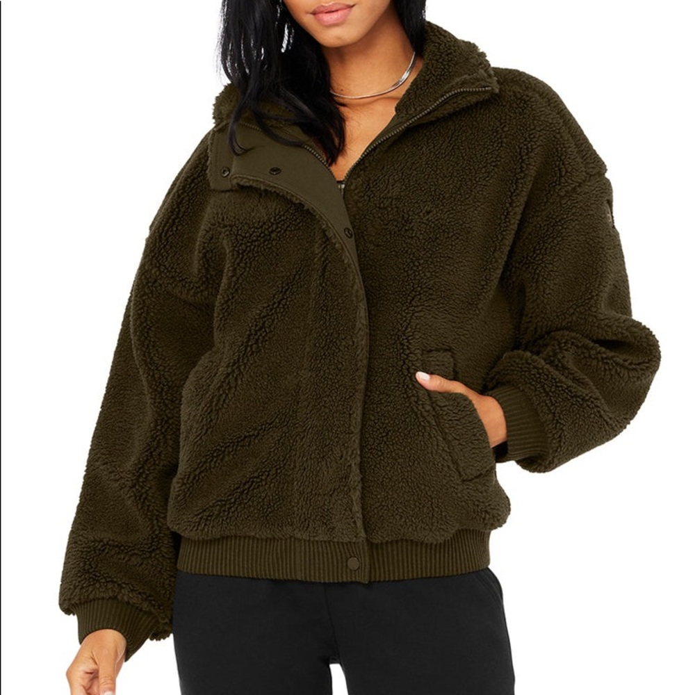 Alo Yoga Sherpa Varsity Jacket in Olive